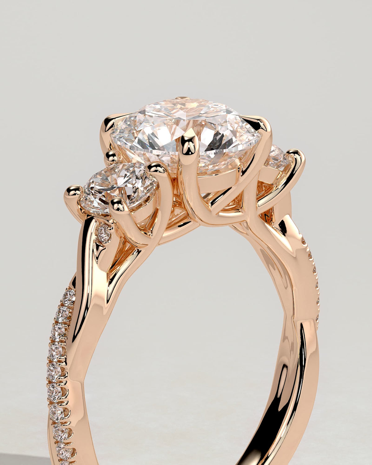 Jaylene - Round Claw Trilogy with Round Side Stones, Twisted Pave Band and Trellis Gallery Engagement Ring - Rose Gold