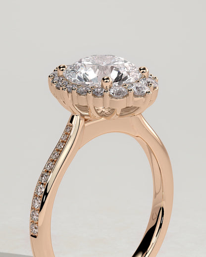 Jessica - Round Claw Solitaire with Graduating Halo and Bead Set Micropave and Tapered Band Engagement Ring - Rose Gold