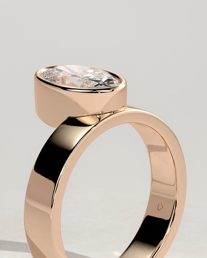 Carmen - Oval Bezel Solitaire with Offset Setting and Flat Cigar Band Engagement Ring - Rose Gold