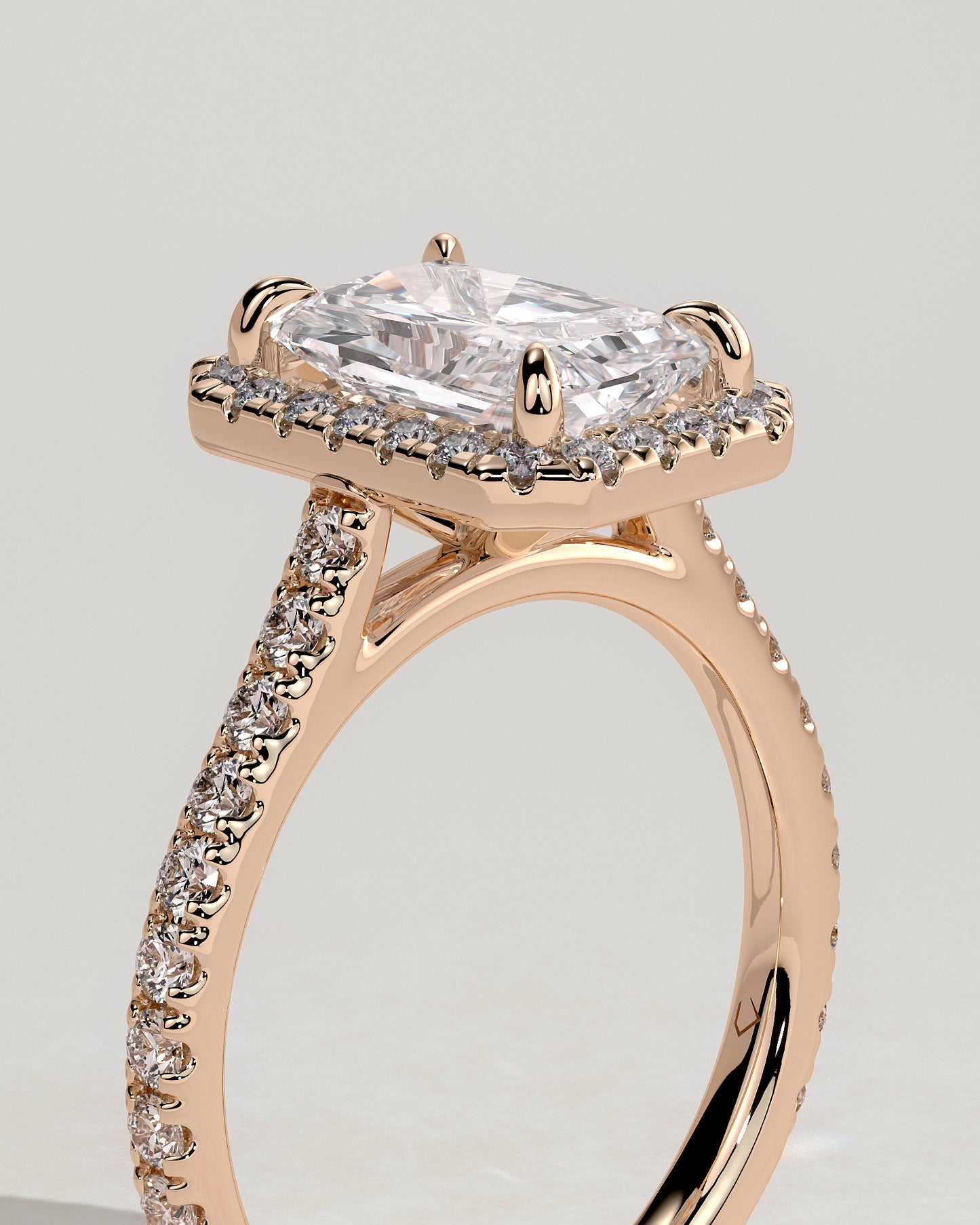Clementine - Radiant Claw Solitaire with Halo and Pave Band and Cathedral High Setting Engagement Ring - Rose Gold - Rose Gold 2ct