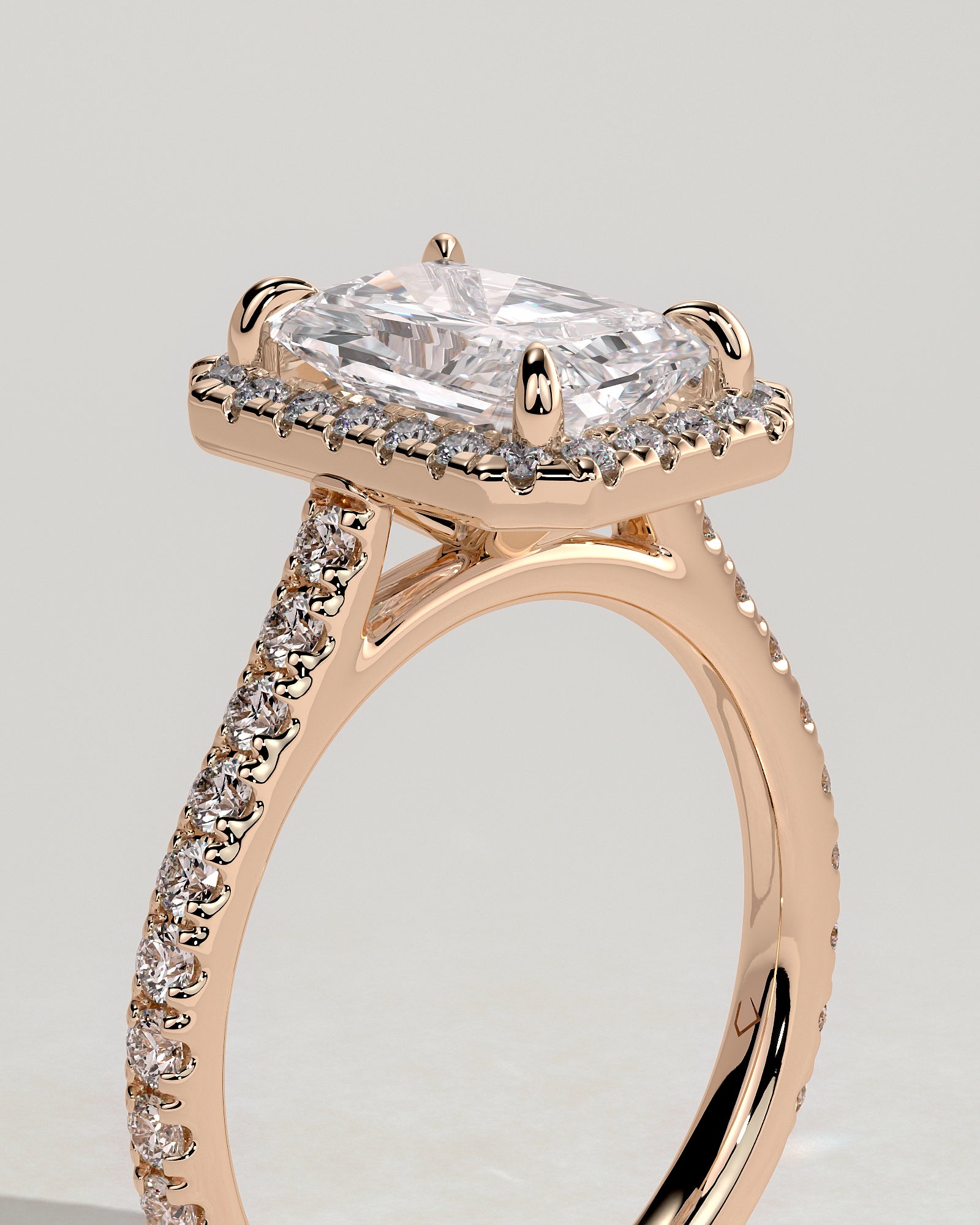 Clementine - Radiant Claw Solitaire with Halo and Pave Band and Cathedral High Setting Engagement Ring - Rose Gold - Rose Gold 2ct