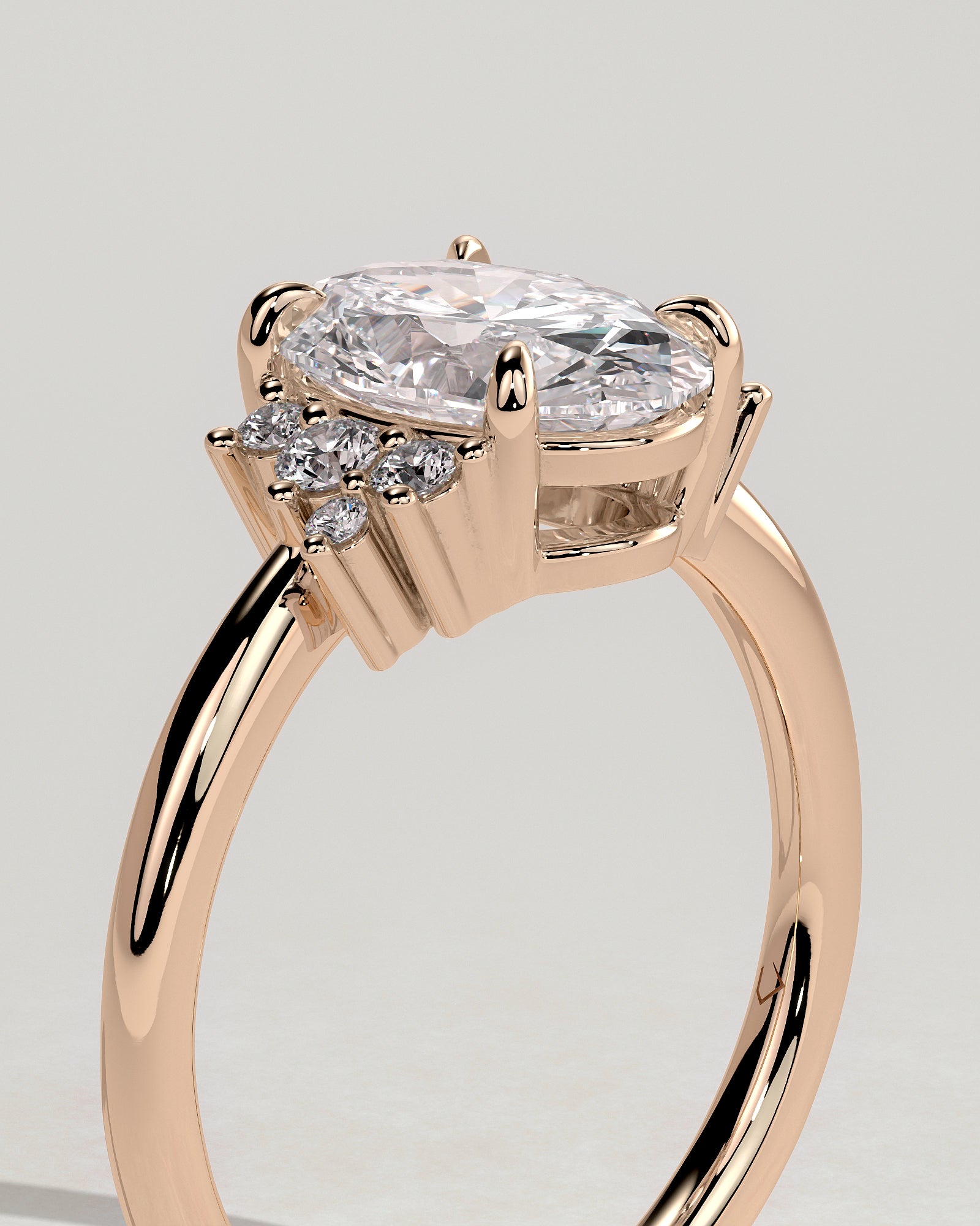 Esther - Oval Claw Solitaire with Clustered Round Opposing Shoulder Stones Engagement Ring - Rose Gold - Rose Gold 2ct