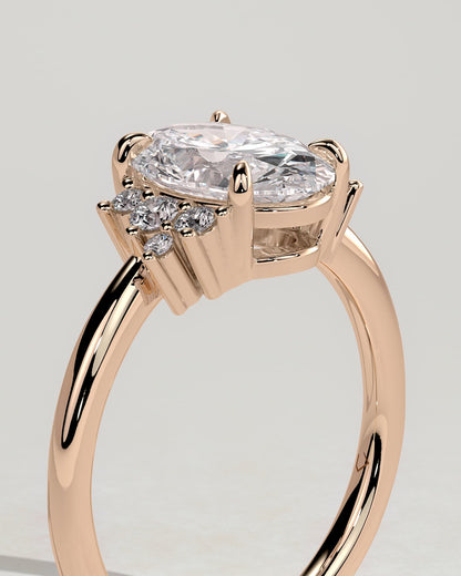 Esther - Oval Claw Solitaire with Clustered Round Opposing Shoulder Stones Engagement Ring - Rose Gold