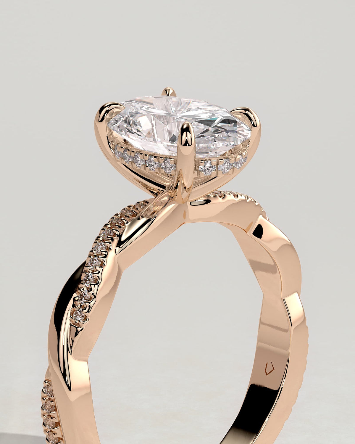Lara - Oval Claw Solitaire with Hidden Halo and Twisted Alternating Pave Band Engagement Ring - Rose Gold