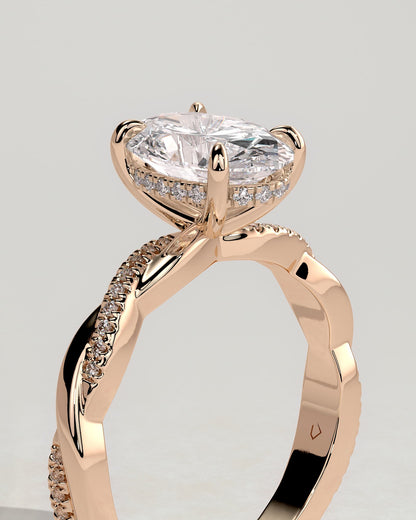 Lara - Oval Claw Solitaire with Hidden Halo and Twisted Alternating Pave Band Engagement Ring - Rose Gold