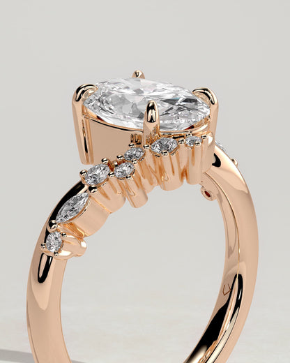 Ezmerelda - Oval Claw Solitaire with Bypass Band and Clustered Round-Marquise Accent Stones Engagement Ring - Rose Gold