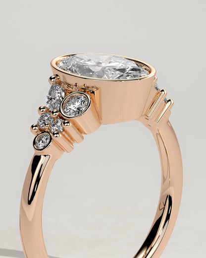 Isabella - Oval Bezel Solitaire with Clustered Round-Marquise Mixed Set Shoulder Stones Engagement Ring - Rose Gold