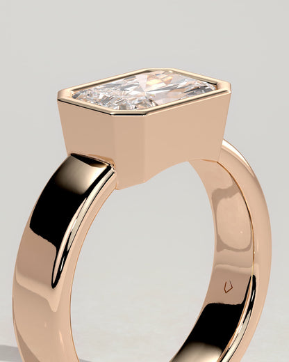 Frankie - Statement Radiant East West Bezel Solitaire with Flat Cigar Band Engagement Ring - Rose Gold
