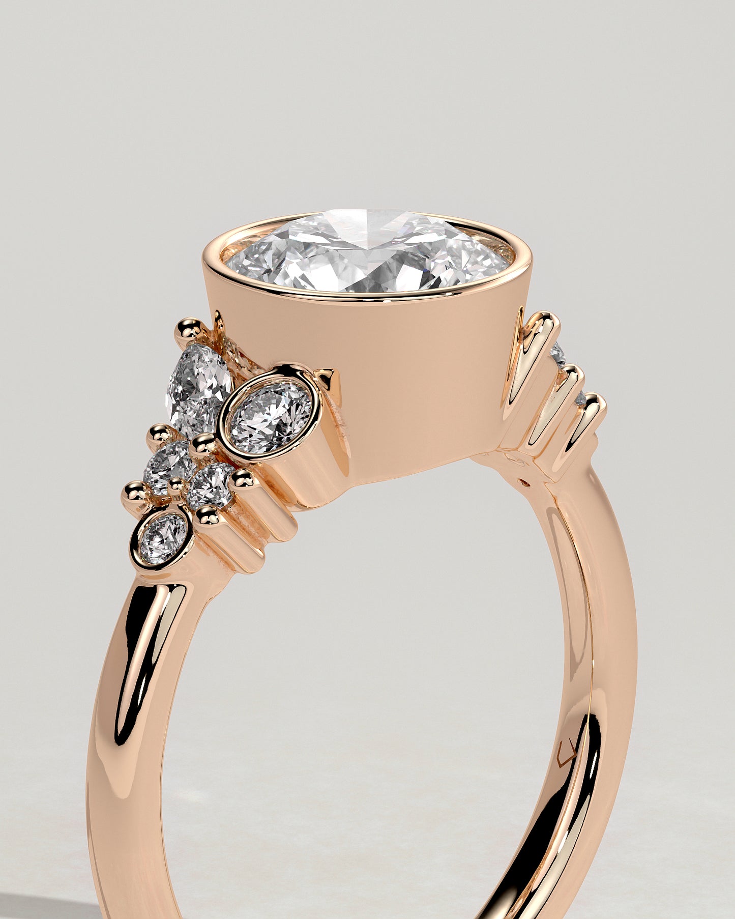 Alessia - Round Bezel Solitaire with Clustered Round-Marquise Mixed Set Shoulder Stones Engagement Ring - Rose Gold - Rose Gold 2ct