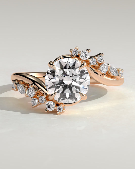 Lorena - Round Claw Solitaire with Bypass Band and Clustered Round-Marquise Accent Stones Engagement Ring - Rose Gold