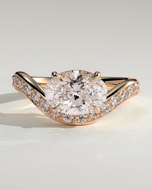 Shelly - Oval Claw Solitaire with Bead Set Pave Wave Band and East West Setting Engagement Ring - Rose Gold