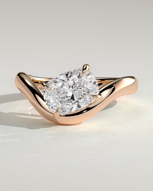 Taryn - Elongated Cushion East West Claw Solitaire with Wave Band Engagement Ring - Rose Gold