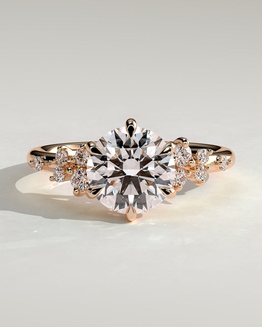 Molly - Round Claw Solitaire with Clustered Round Shoulder Stones Engagement Ring - Rose Gold