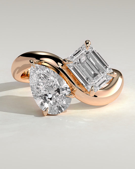 Simona -  Claw Toi et Moi with Wave Band Engagement Ring - Rose Gold
