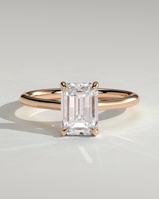 Angela - Radiant Claw Solitaire with Hidden Halo, Tapered Band and Cathedral High Setting Engagement Ring - Rose Gold