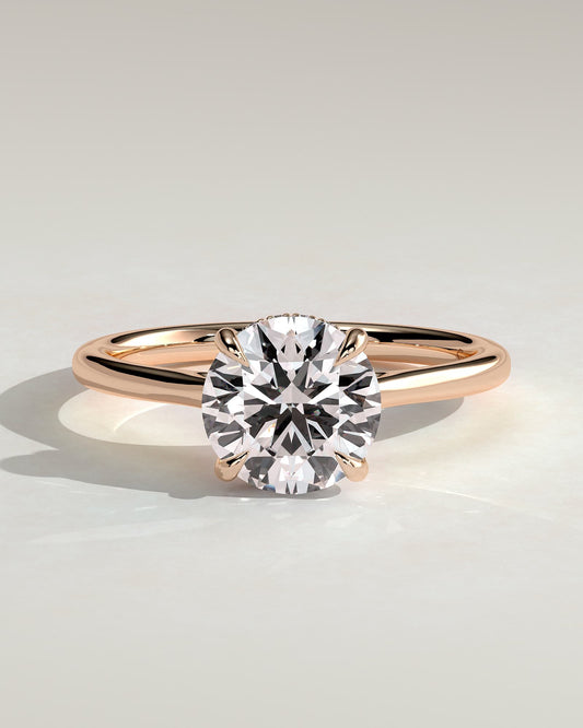 Laura - Round Claw Solitaire with Hidden Halo, Tapered Band and Cathedral High Setting Engagement Ring - Rose Gold