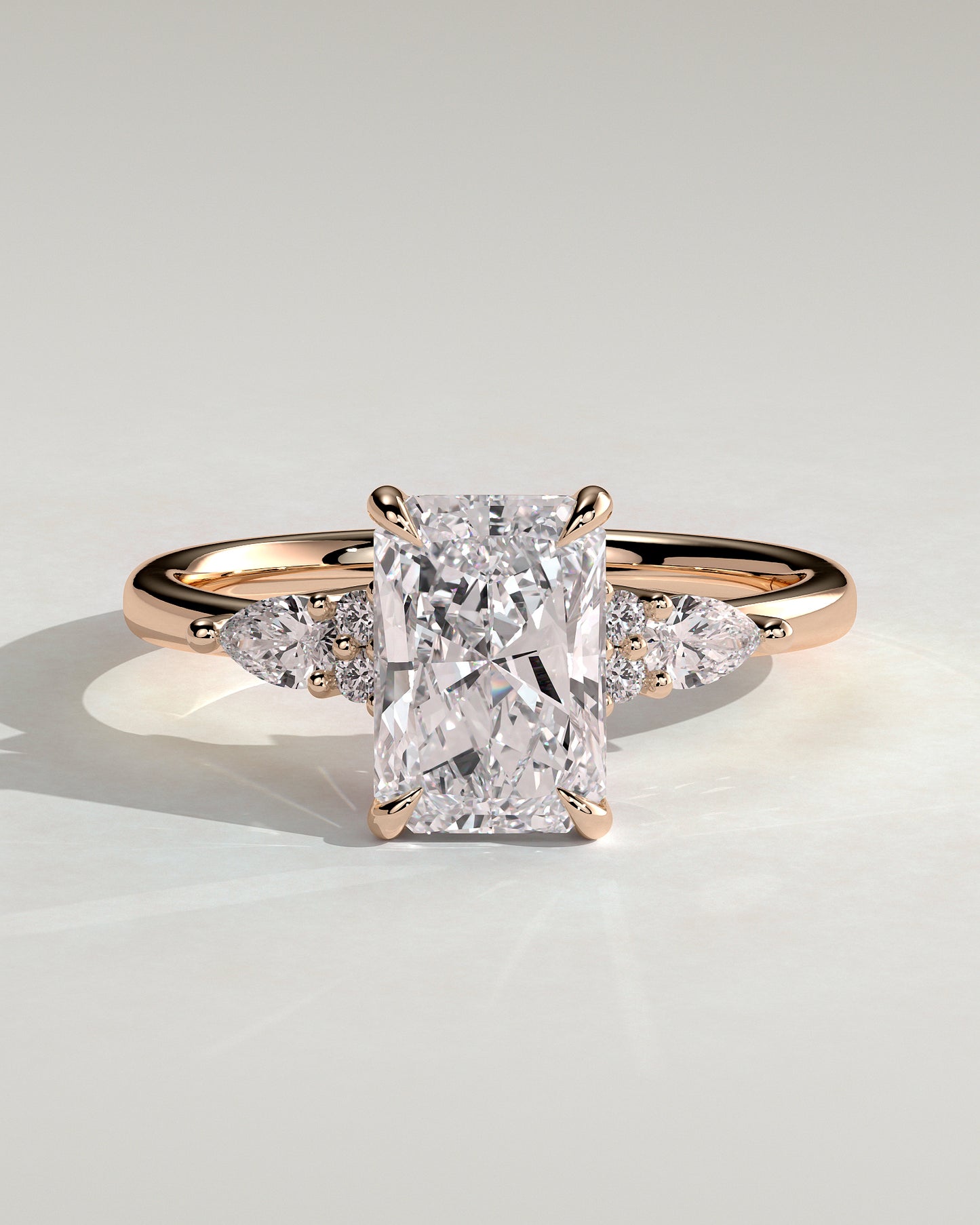 Heidi - Radiant Claw Solitaire with Pear Accents and Round Shoulder Stones Engagement Ring - Rose Gold - Rose Gold 2ct