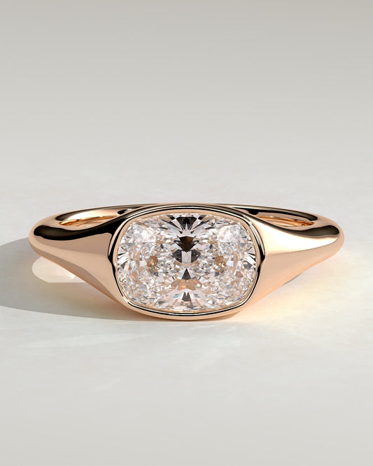 Lennon - Elongated Cushion East West Bezel Solitaire with Signet Band Engagement Ring - Rose Gold