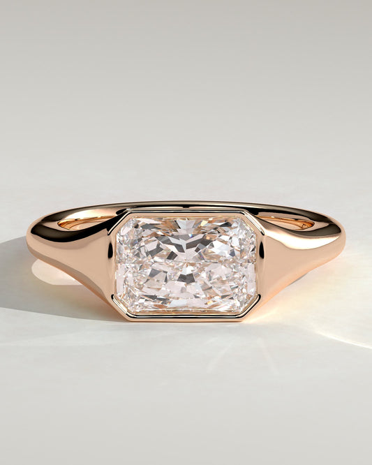 Mackenzie - Radiant East West Bezel Solitaire with Signet Band Engagement Ring - Rose Gold