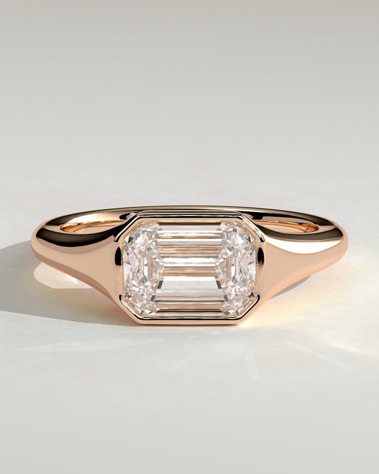 Montanah - Emerald East West Bezel Solitaire with Signet Band Engagement Ring - Rose Gold