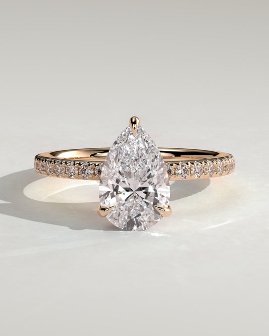 Pamela - Pear Claw Solitaire with Hidden Halo and Pave Band Engagement Ring - Rose Gold