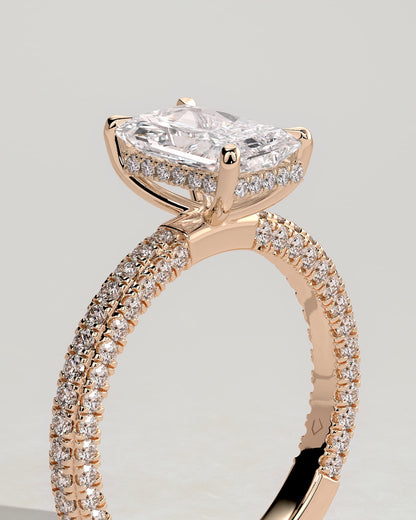 Irene - Radiant Claw Solitaire with Hidden Halo and Triple Pave Band Engagement Ring - Rose Gold