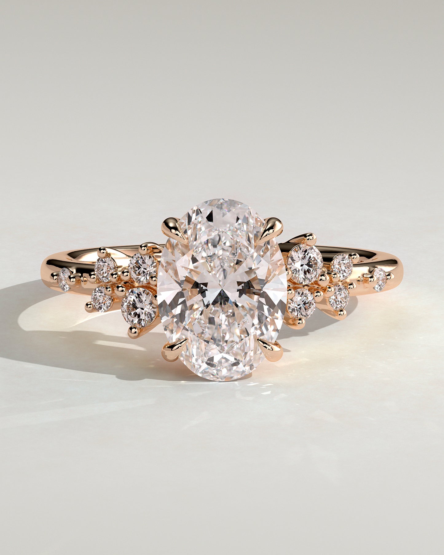 Bella - Oval Claw Solitaire with Clustered Round Shoulder Stones Engagement Ring - Rose Gold - Rose Gold 2ct