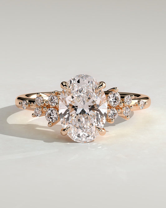 Bella - Oval Claw Solitaire with Clustered Round Shoulder Stones Engagement Ring - Rose Gold