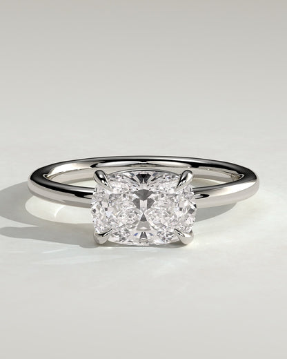 Fiona - Elongated Cushion East West Claw Solitaire with Raised Basket Gallery Engagement Ring - White Gold