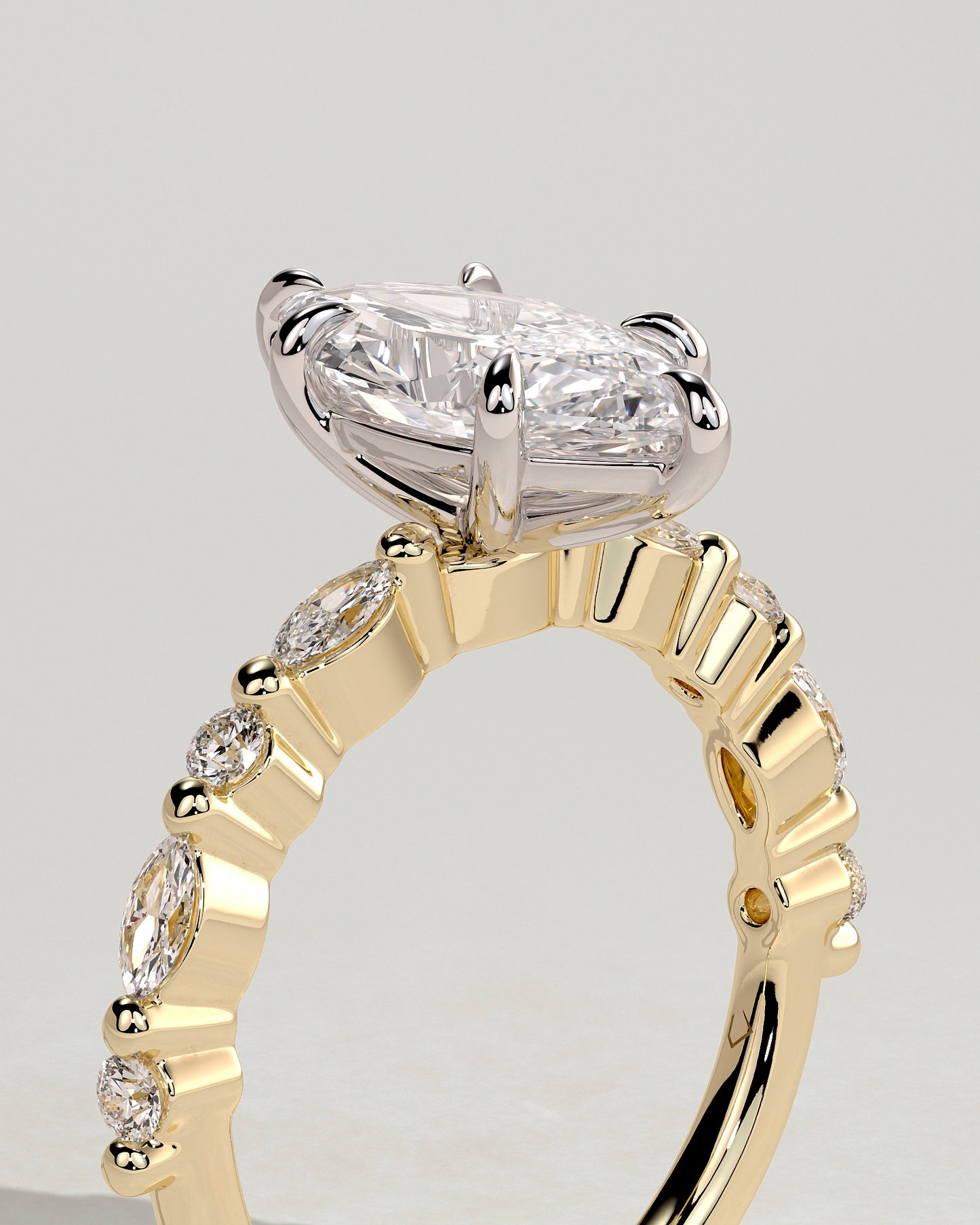 Beatrice - Marquise Claw Solitaire with Marquise and Round Accent Stones Engagement Ring - Yellow Two-Tone - Yellow Two-Tone 2ct