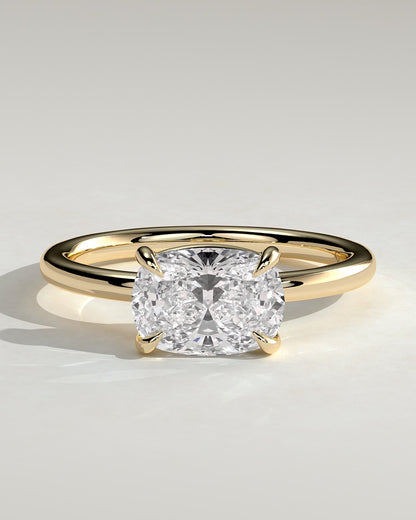 Fiona - Elongated Cushion East West Claw Solitaire with Raised Basket Gallery Engagement Ring - Yellow Gold
