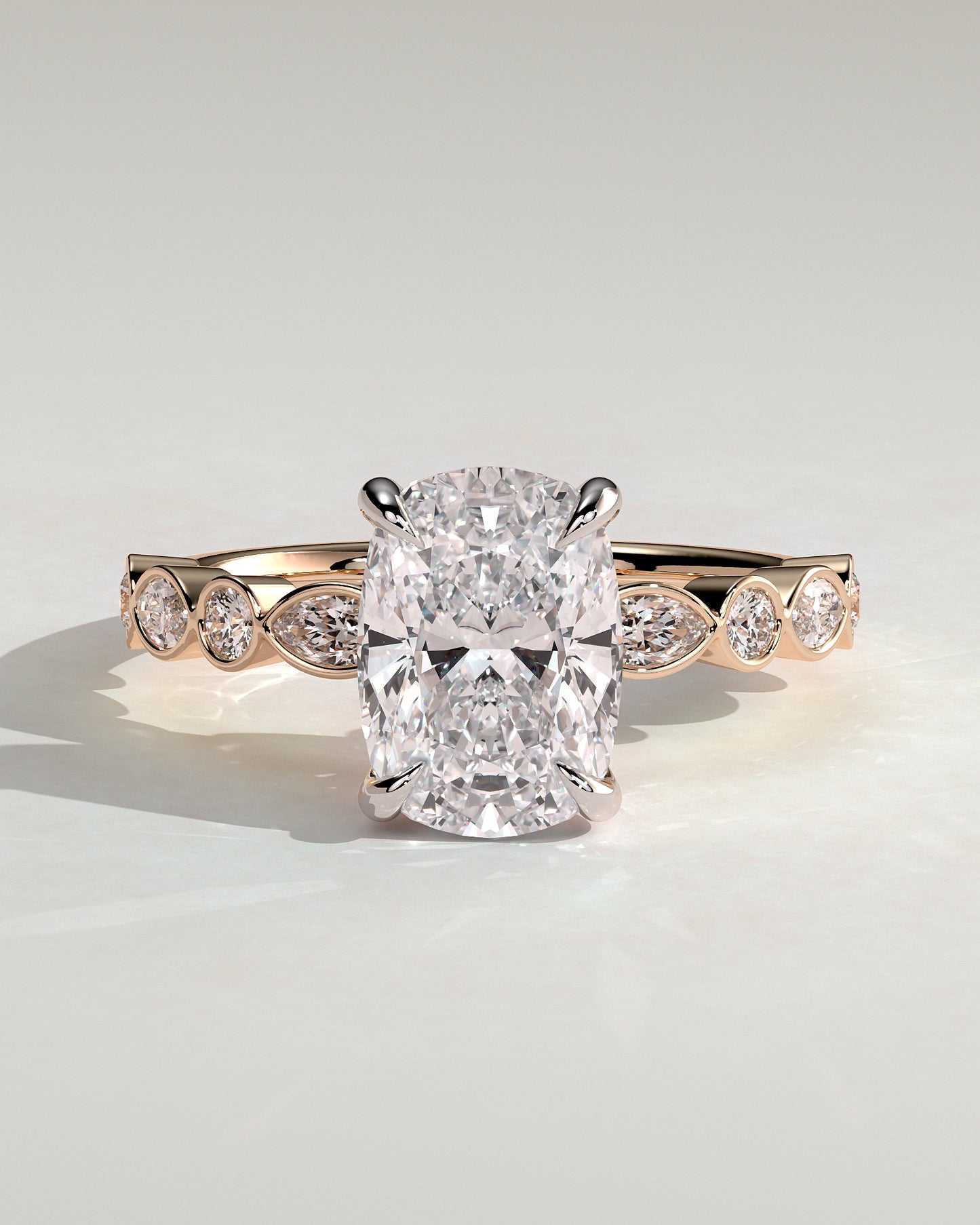Carrie - Elongated Cushion Claw Solitaire with Round-Marquise Bezel Accent Stones Engagement Ring - Rose Two-Tone