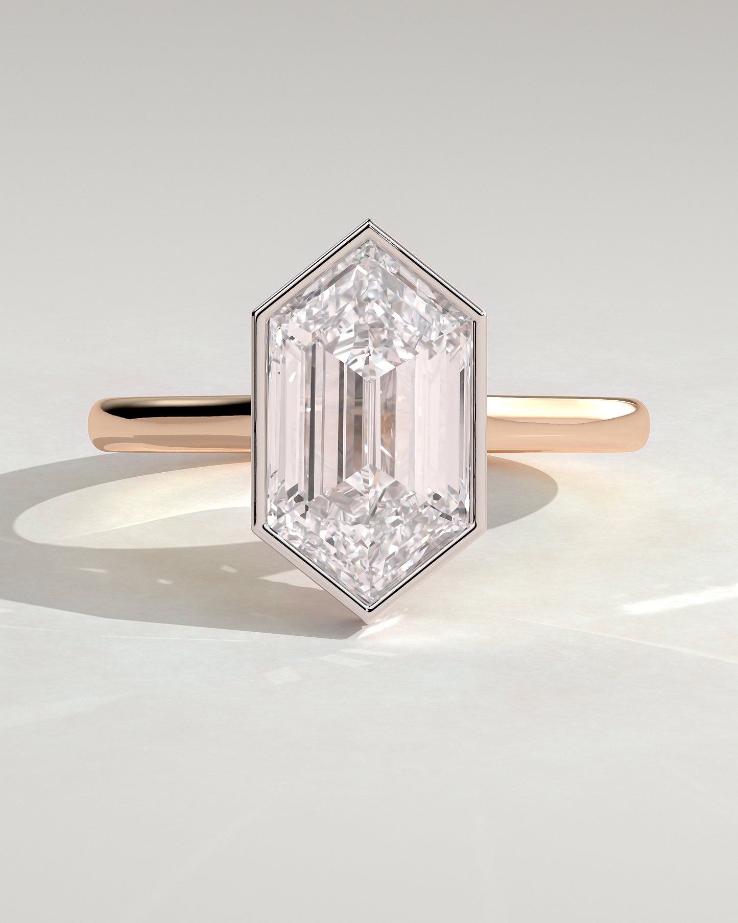 Gloria - Elongated Hexagon Bezel Solitaire with Hidden Halo and Cathedral High Setting Engagement Ring - Rose Two-Tone