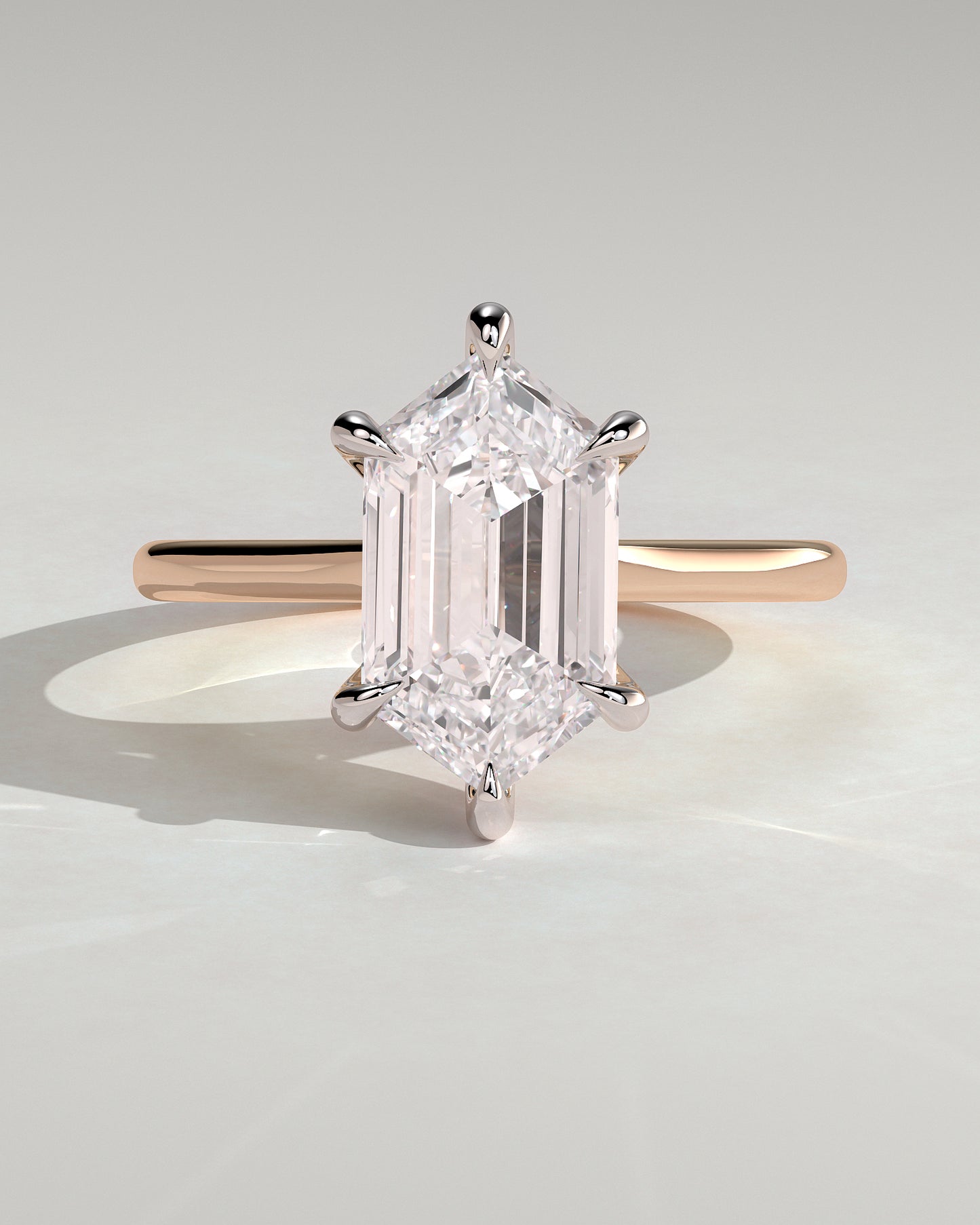 Anastasia - Elongated Hexagon Claw Solitaire with Hidden Halo and Cathedral High Setting Engagement Ring - Rose Two-Tone