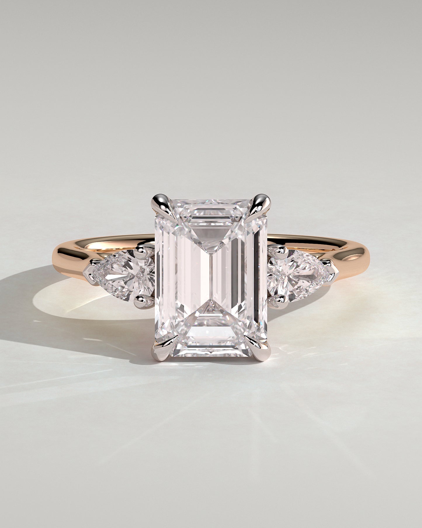 Davina - Emerald Claw Trilogy with Pear Side Stones and Cathedral Setting Engagement Ring - Rose Two-Tone