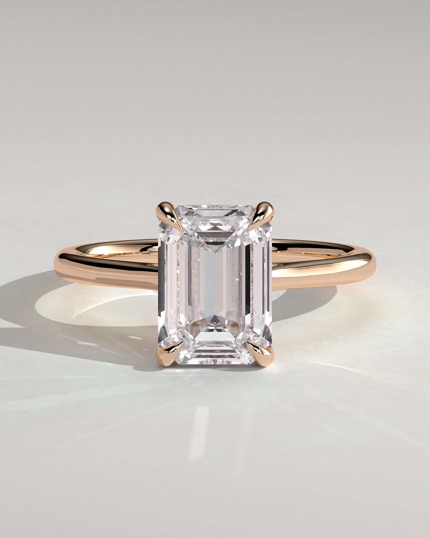 Angela - Radiant Claw Solitaire with Hidden Halo, Tapered Band and Cathedral High Setting Engagement Ring - Rose Gold