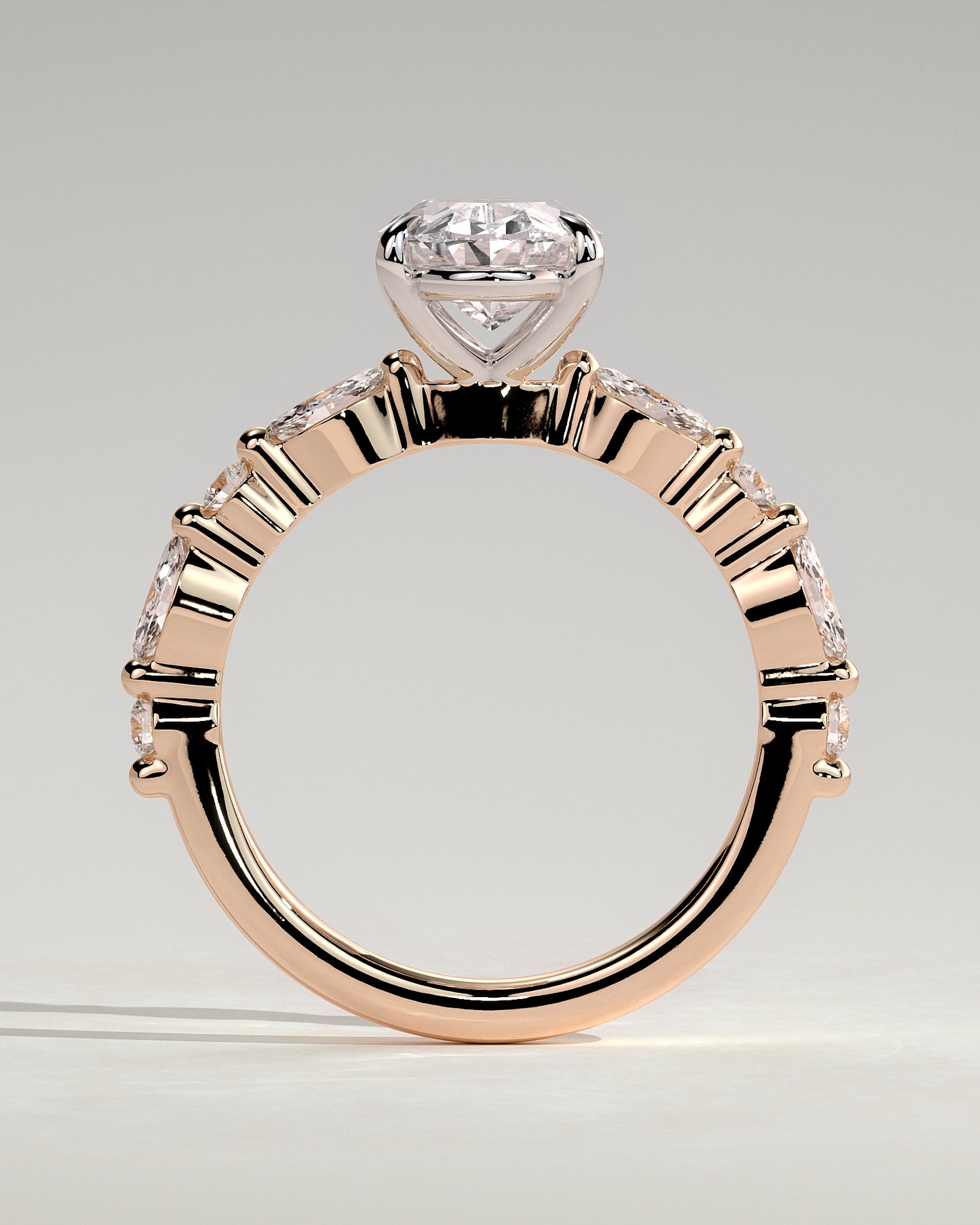 Alyssa - Oval Claw Solitaire with Marquise and Round Accent Stones Engagement Ring - Rose Two-Tone - Rose Two-Tone 2ct