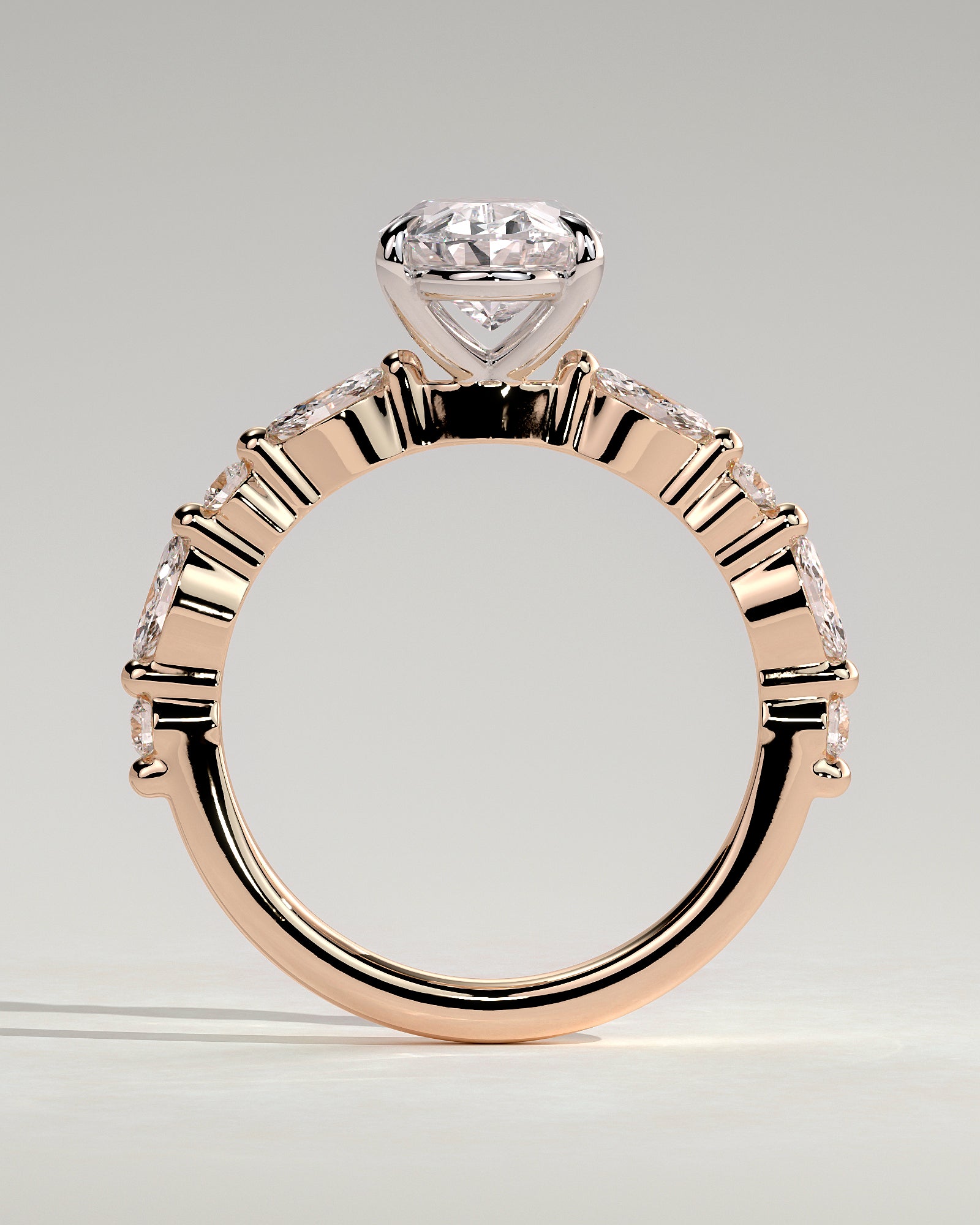 Alyssa - Oval Claw Solitaire with Marquise and Round Accent Stones Engagement Ring - Rose Two-Tone - Rose Two-Tone 2ct