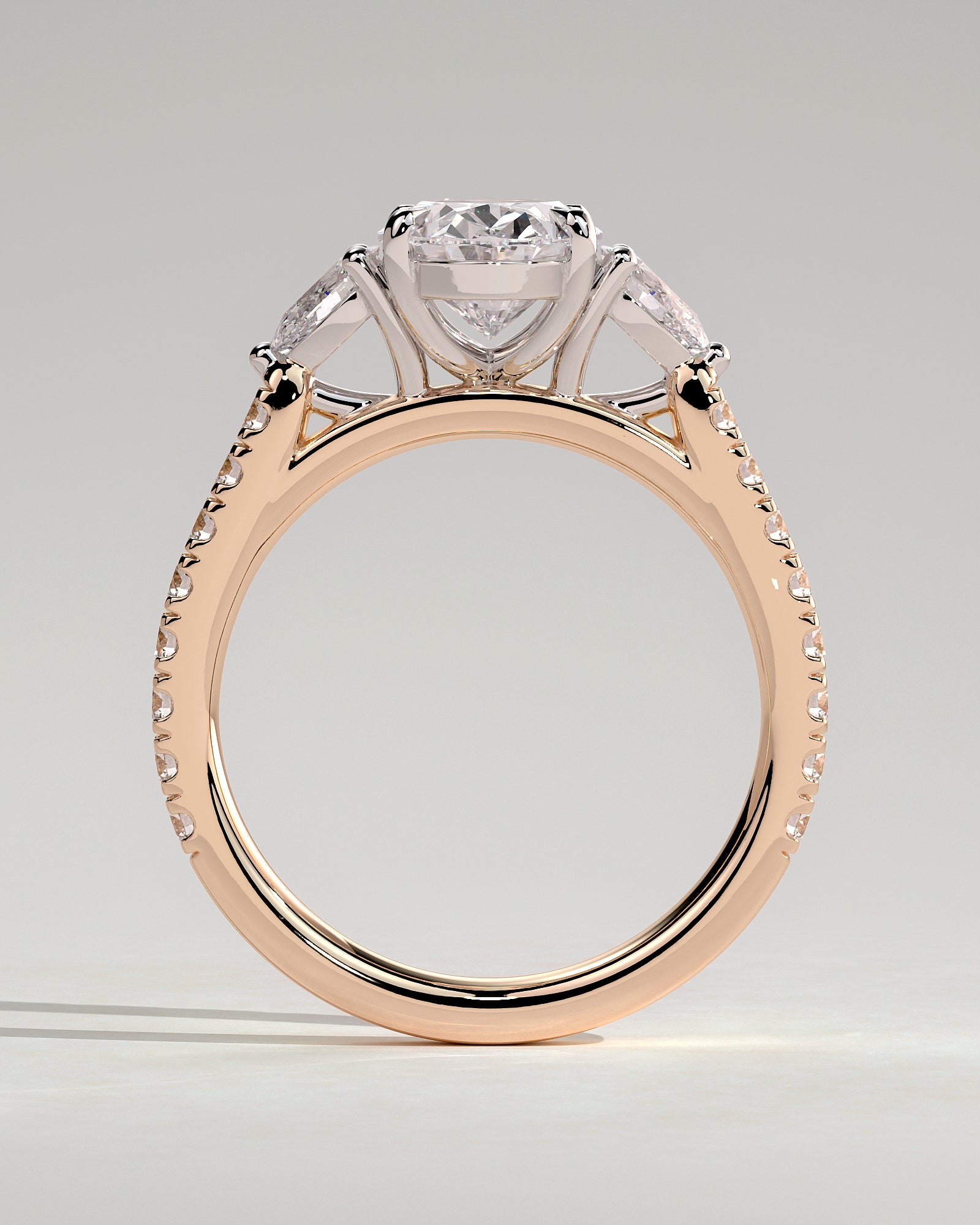 Arabella - Oval Claw Trilogy with Pear Side Stones and Pave Band Engagement Ring - Rose Two-Tone - Rose Two-Tone 2ct