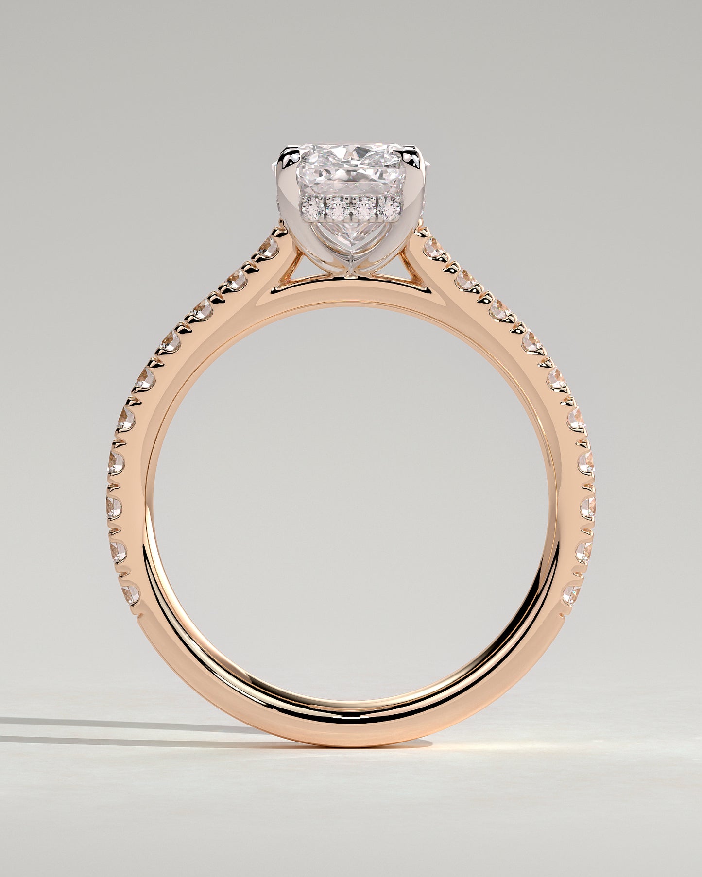 Annika - Elongated Cushion Claw Solitaire with Hidden Halo, Pave Band and Cathedral High Setting Engagement Ring - Rose Two-Tone - Rose Two-Tone 2ct