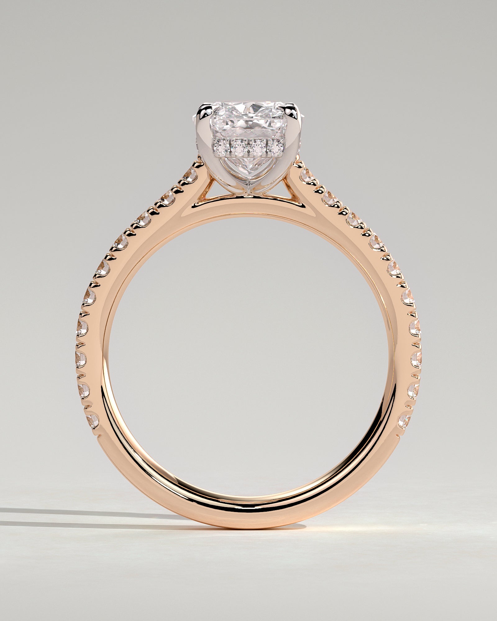 Annika - Elongated Cushion Claw Solitaire with Hidden Halo, Pave Band and Cathedral High Setting Engagement Ring - Rose Two-Tone - Rose Two-Tone 2ct
