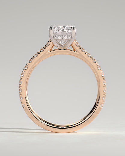 Annika - Elongated Cushion Claw Solitaire with Hidden Halo, Pave Band and Cathedral High Setting Engagement Ring - Rose Two-Tone - rose two-tone - Lara Jewels