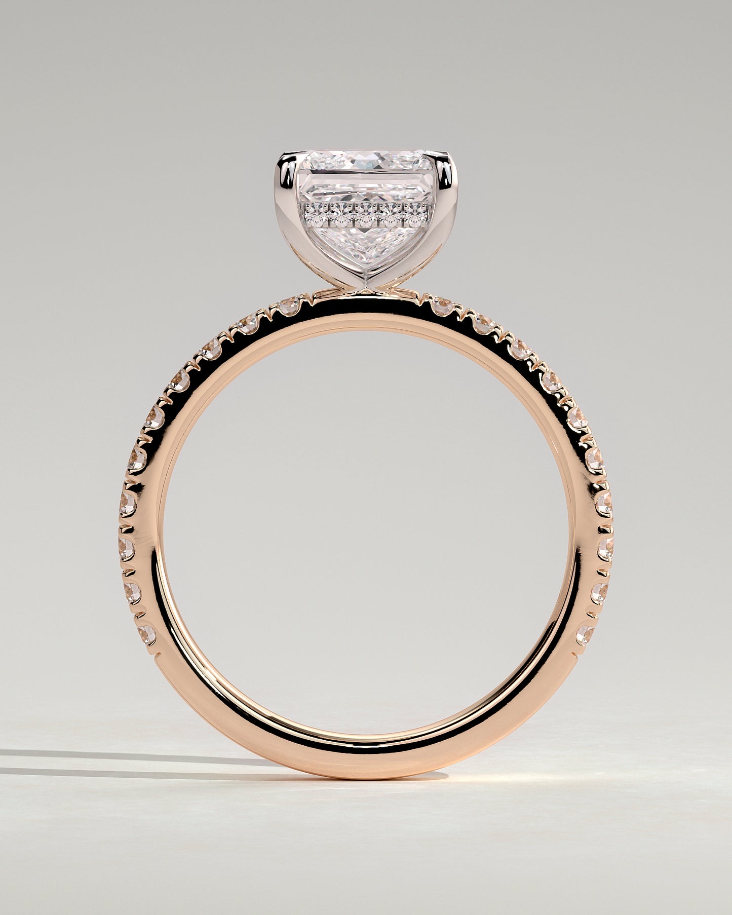 Annie - Princess Claw Solitaire with Hidden Halo and Pave Band Engagement Ring - Rose Two-Tone - Rose Two-Tone 2ct