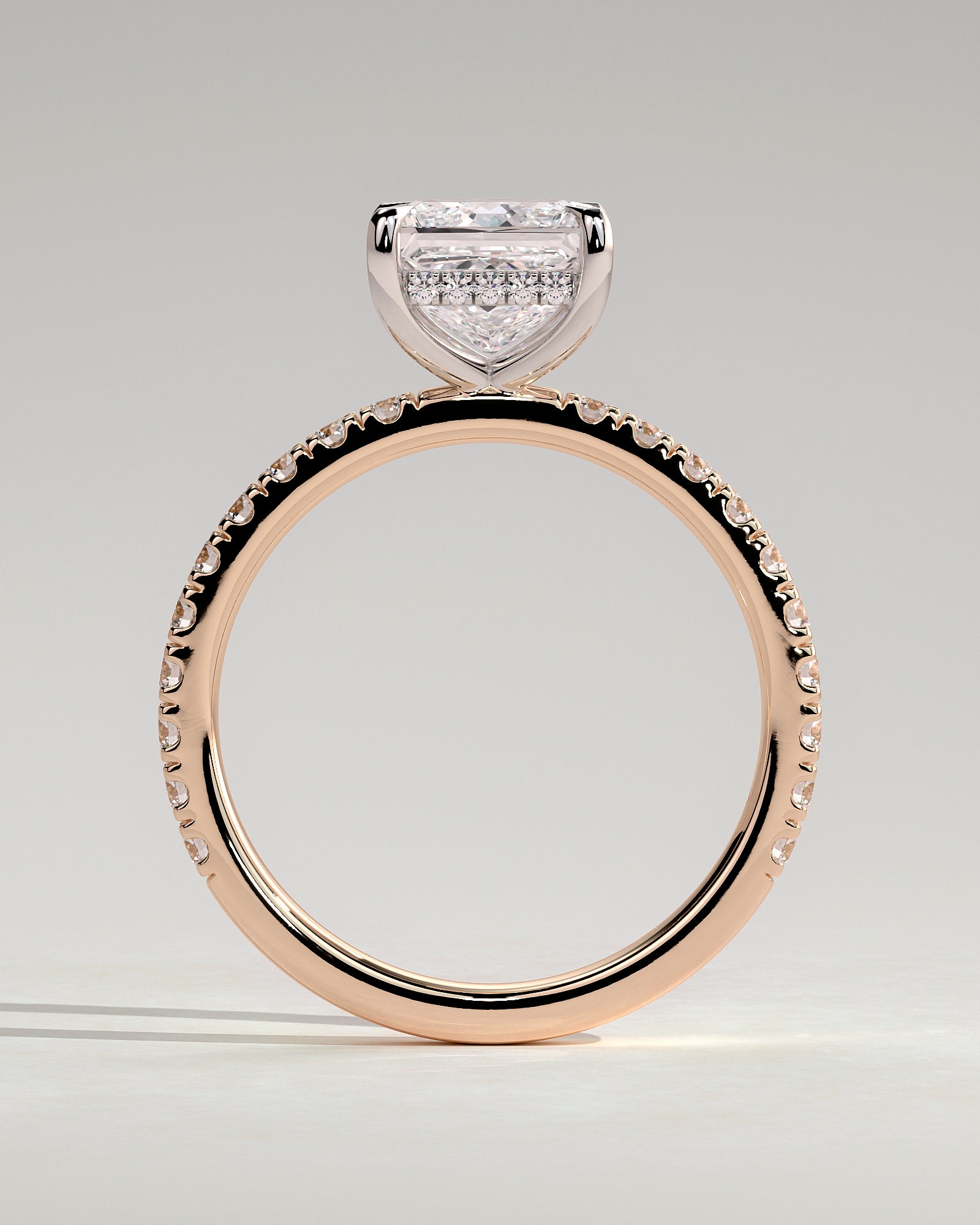 Annie - Princess Claw Solitaire with Hidden Halo and Pave Band Engagement Ring - Rose Two-Tone - Rose Two-Tone 2ct