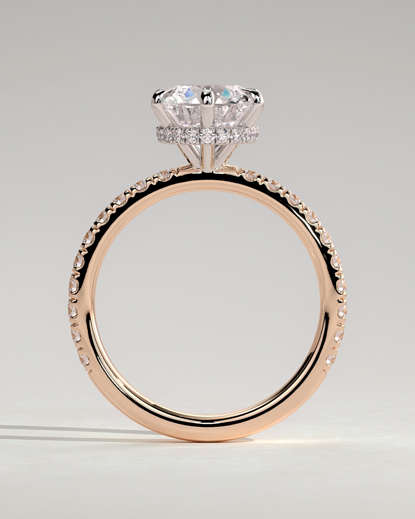 Amanda - Round Claw Solitaire with Wrap Around Hidden Halo and Pave Band Engagement Ring - Rose Two-Tone - Rose Two-Tone 2ct