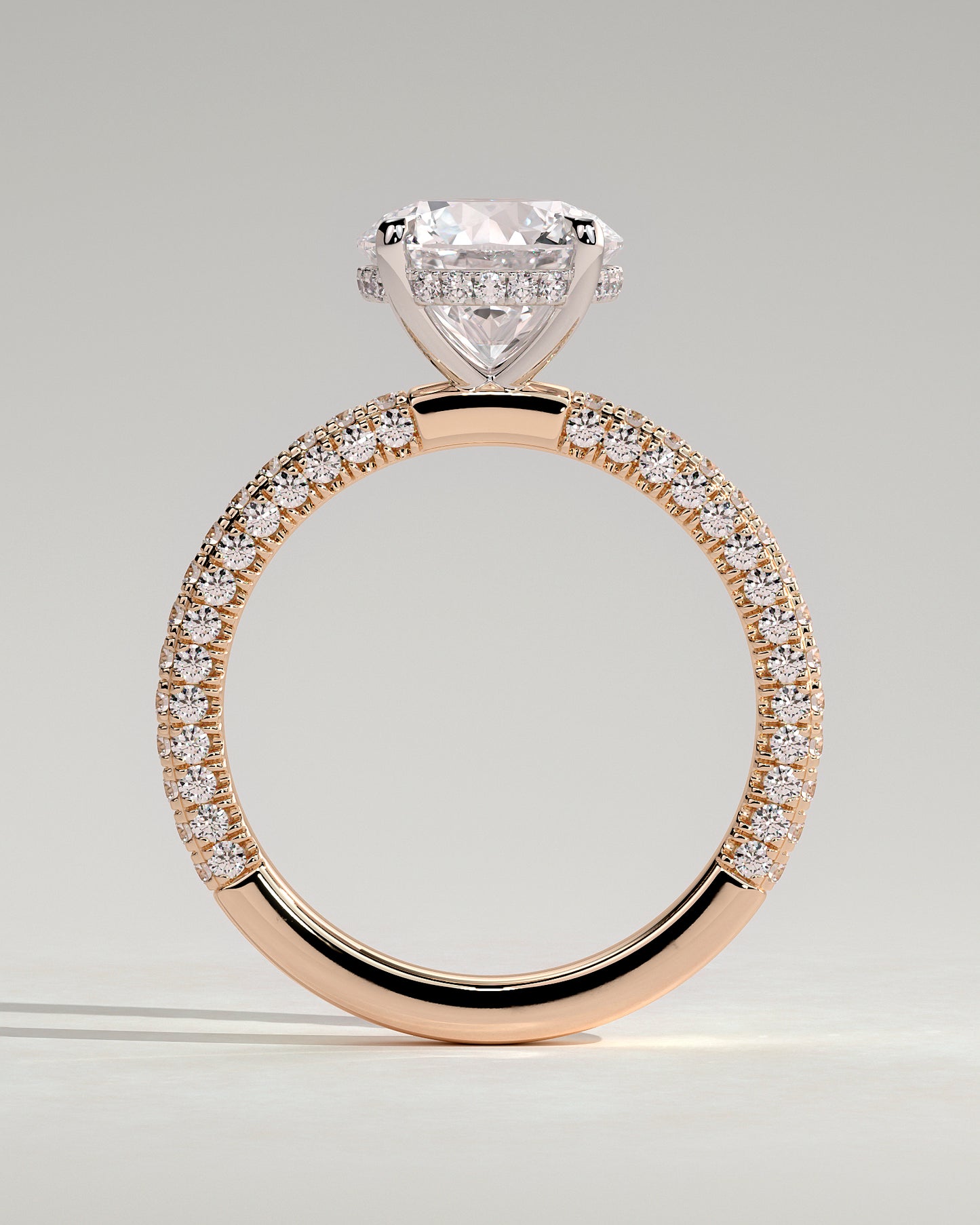 Alex - Round Claw Solitaire with Hidden Halo and Triple Pave Band Engagement Ring - Rose Two-Tone - Rose Two-Tone 2ct