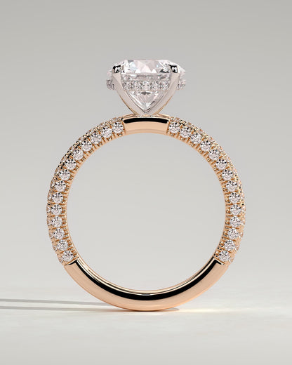 Alex - Round Claw Solitaire with Hidden Halo and Triple Pave Band Engagement Ring - Rose Two-Tone - rose two-tone - Lara Jewels