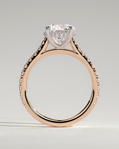 Ashlea - Round Claw Solitaire with Hidden Halo, Pave Band and Cathedral High Setting Engagement Ring - Rose Two-Tone