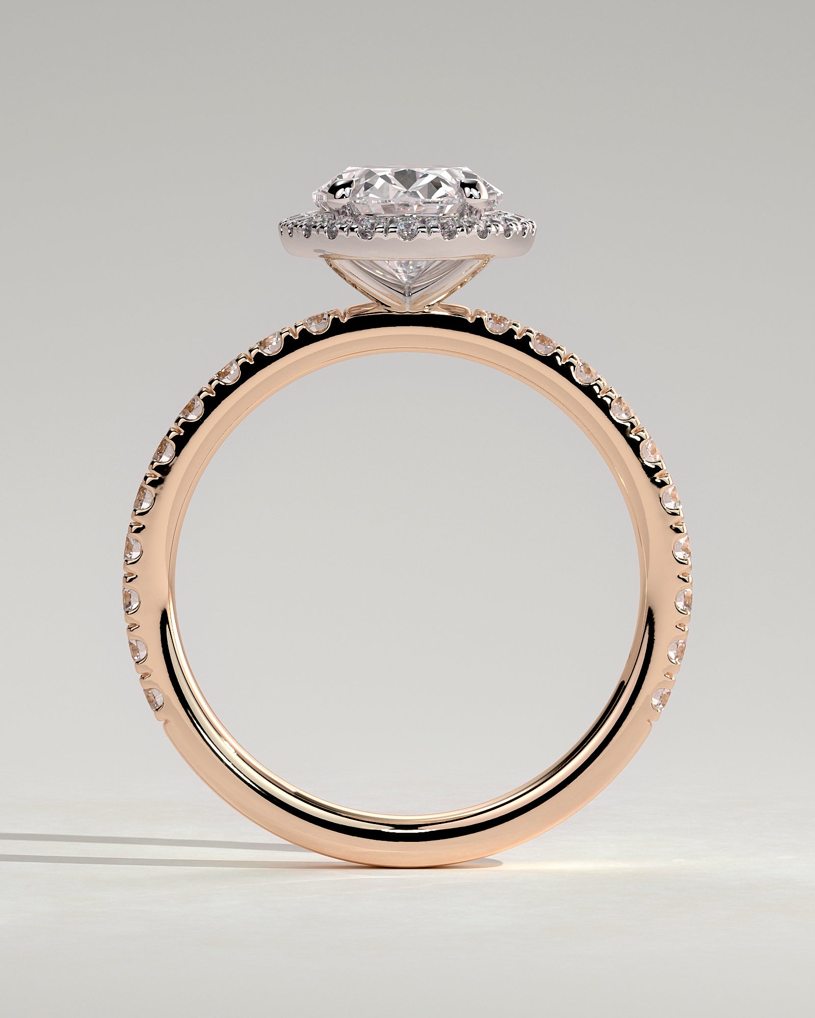 Aurora - Oval Claw Solitaire with Halo and Pave Band Engagement Ring - Rose Two-Tone - Rose Two-Tone 2ct