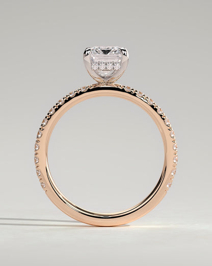 Gwyneth - Emerald Claw Solitaire with Hidden Halo and Pave Band Engagement Ring - Rose Two-Tone